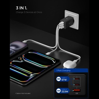 SPIGEN ESSENTIAL EE673EU 3-портово мрежово зарядно GaN Pro 67W, черно SPIGEN ESSENTIAL EE673EU 3-портово мрежово зарядно GaN Pro 67W, черно