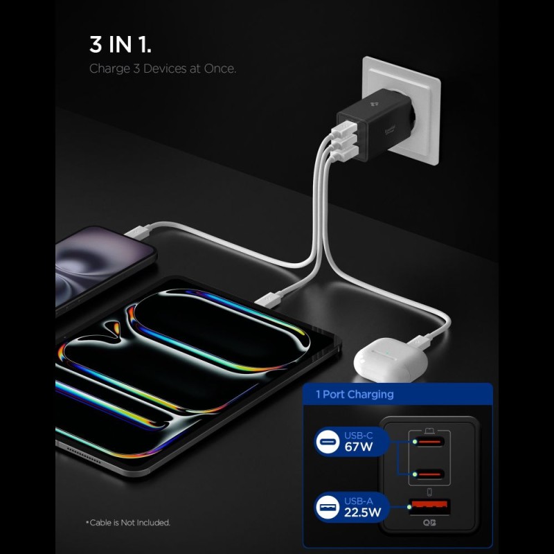 SPIGEN ESSENTIAL EE673EU 3-портово мрежово зарядно GaN Pro 67W, черно - SPIGEN ESSENTIAL EE673EU 3-портово мрежово зарядно GaN Pro 67W, черно - 8800283302929-ACH09458