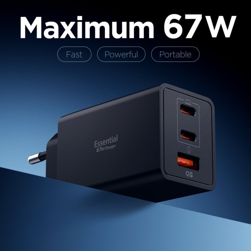 SPIGEN ESSENTIAL EE673EU 3-портово мрежово зарядно GaN Pro 67W, черно - SPIGEN ESSENTIAL EE673EU 3-портово мрежово зарядно GaN Pro 67W, черно - 8800283302929-ACH09458