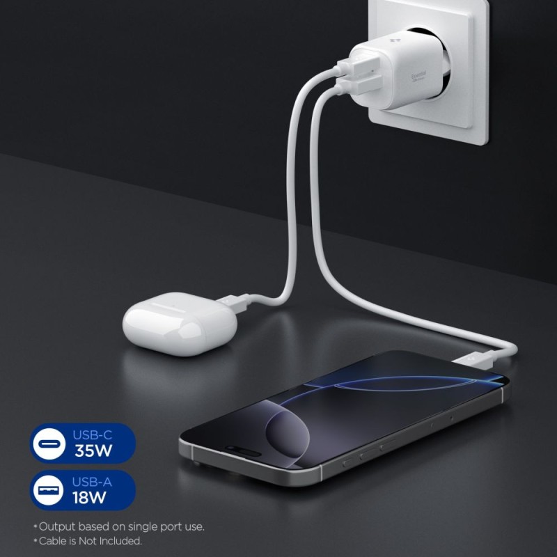 Spigen Essential EE352EU 2-портов мрежов зарядeн адаптер 35W (бял) - 8800283302967-ACH09462
