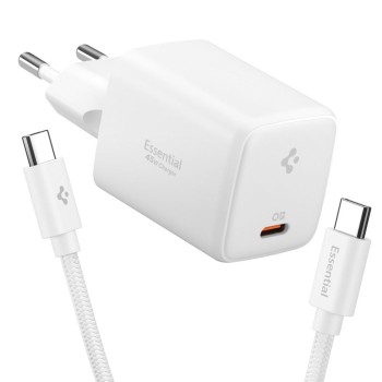 SPIGEN EE451EU-GAN Essential еднопортов мрежов зарядeн 45W + USB-C кабел 100W (100 см) бял