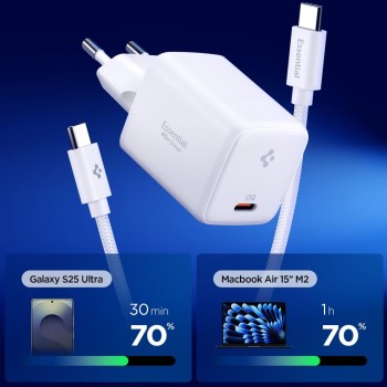 SPIGEN EE451EU-GAN Essential еднопортов мрежов зарядeн 45W + USB-C кабел 100W (100 см) бял