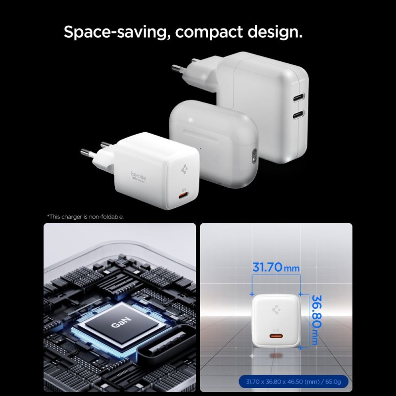 SPIGEN EE451EU-GAN Essential еднопортов мрежов зарядeн 45W + USB-C кабел 100W (100 см) бял - SPIGEN EE451EU-GAN Essential еднопортов мрежов зарядeн 45W + USB-C кабел 100W (100 см) бял - 8800283303070-ACH09473