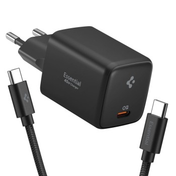 Spigen EE451EU-GAN Essential, 1-порт USB-C мрежово зарядно 45W + USB-C към USB-C кабел 100W (100 см), черно