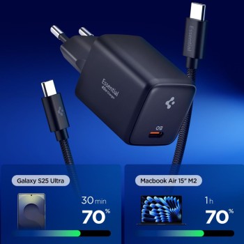 Spigen EE451EU-GAN Essential, 1-порт USB-C мрежово зарядно 45W + USB-C към USB-C кабел 100W (100 см), черно