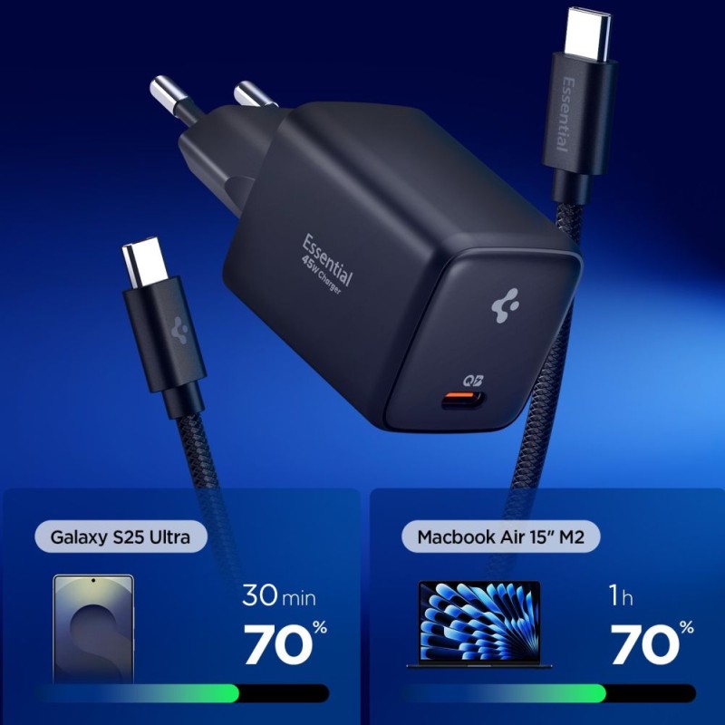 Spigen EE451EU-GAN Essential, 1-порт USB-C мрежово зарядно 45W + USB-C към USB-C кабел 100W (100 см), черно - Spigen EE451EU-GAN Essential, 1-порт USB-C мрежово зарядно 45W + USB-C към USB-C кабел 100W (100 см), черно - 8800283303087-ACH09474