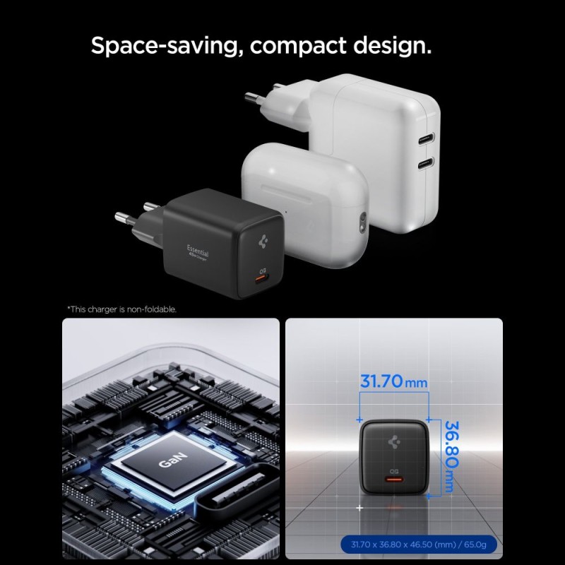 Spigen EE451EU-GAN Essential, 1-порт USB-C мрежово зарядно 45W + USB-C към USB-C кабел 100W (100 см), черно - Spigen EE451EU-GAN Essential, 1-порт USB-C мрежово зарядно 45W + USB-C към USB-C кабел 100W (100 см), черно - 8800283303087-ACH09474
