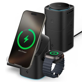 Spigen EF223MS Essential 3в1 ротационна магнитна MagSafe безжична зарядна станция 15W Qi2 черна