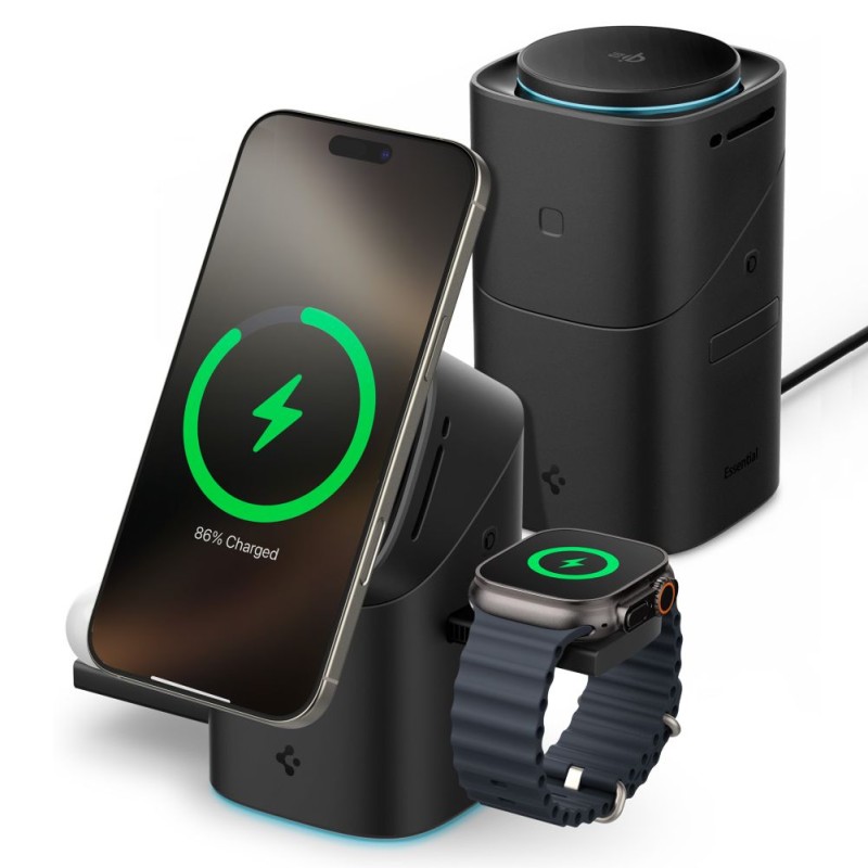 Spigen EF223MS Essential 3в1 ротационна магнитна MagSafe безжична зарядна станция 15W Qi2 черна - 8800283303773-ACH09542