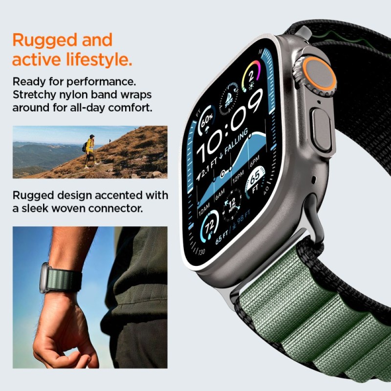 SPIGEN WBF1 каишка за Apple Watch 8/9/10/11/SE/Ultra (44/45/46/49 мм) черна/зелена - SPIGEN WBF1 каишка за Apple Watch 8/9/10/11/SE/Ultra (44/45/46/49 мм) черна/зелена - 8800283313574-AMP10223