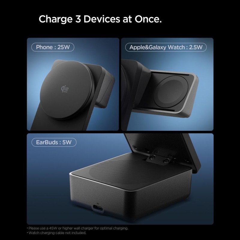 Spigen EF323MQ Essential 3в1 магнитно MagSafe безжично зарядно 25W Qi2.2 (черно) - 8800283315301-ACH10398