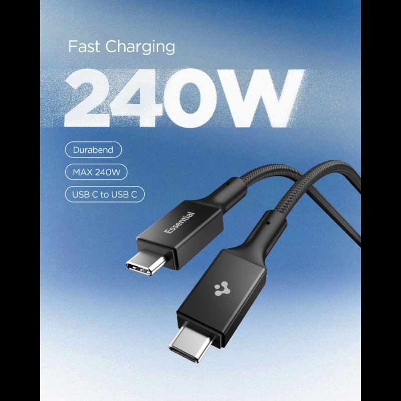 SPIGEN Essential EB24015CC кабел USB-C към USB-C 240W, 150 см, черен - SPIGEN Essential EB24015CC кабел USB-C към USB-C 240W, 150 см, черен - 8800283315554-ACA10423