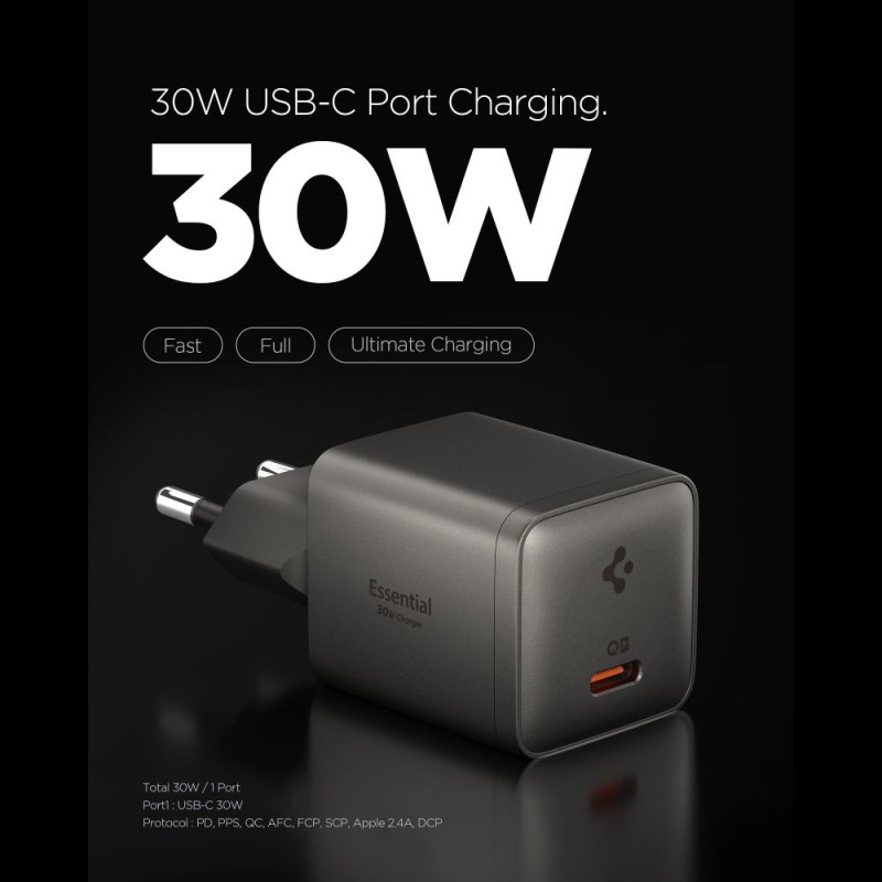 Spigen EE301EU-GAN Essential 30W 1-порт мрежово зарядно GaN Gunmetal (USB-C) - 8800283315790-ACH10447