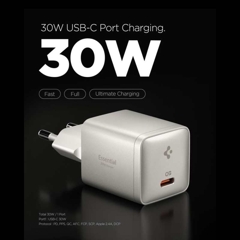 SPIGEN EE301EU-GAN ESSENTIAL 1-портова мрежова зарядна 30W Natural Titanium - SPIGEN EE301EU-GAN ESSENTIAL 1-портова мрежова зарядна 30W Natural Titanium - 8800283315806-ACH10448