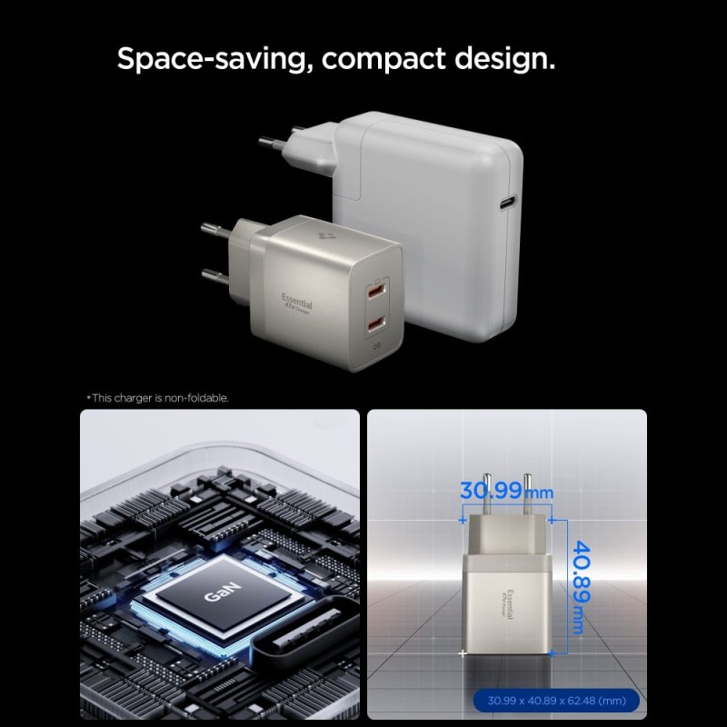 SPIGEN EE472EU-GAN Essential 2-порт мрежово зарядно 47W Natural Titanium - SPIGEN EE472EU-GAN Essential 2-порт мрежово зарядно 47W Natural Titanium - 8800283315837-ACH10451