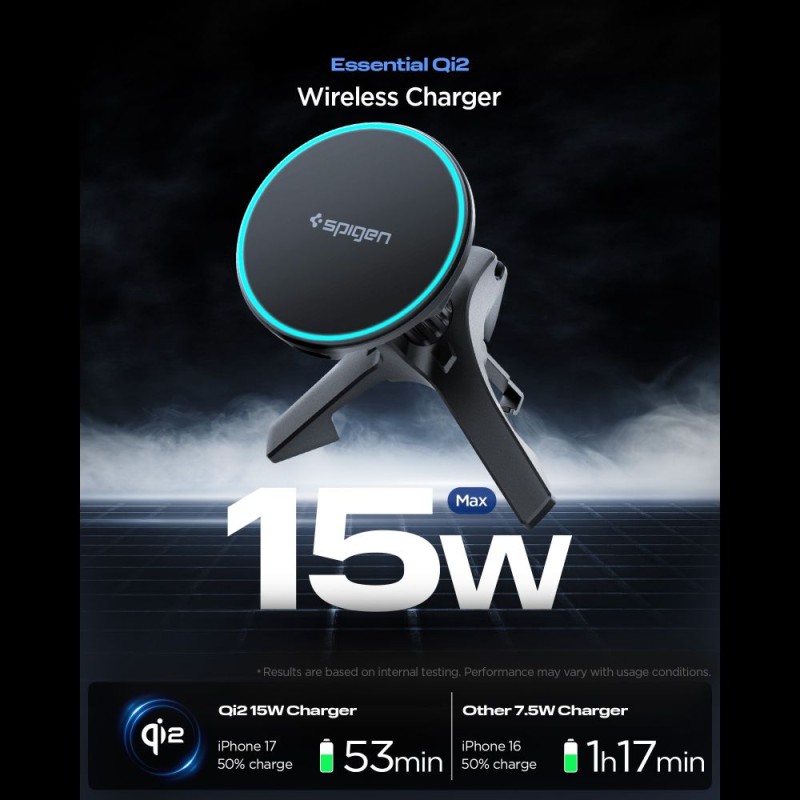 Spigen EV15MAQ Essential магнитен MagSafe поставка за кола с безжиренo зареждане 15W Qi2 черна - Spigen EV15MAQ Essential магнитен MagSafe поставка за кола с безжиренo зареждане 15W Qi2 черна - 8800283316452-ACP10513