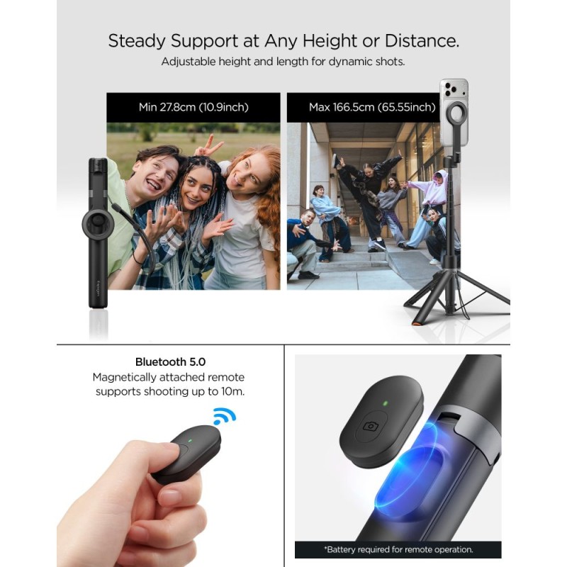 SPIGEN S582W Bluetooth Selfie Stick Tripod Black - SPIGEN S582W Bluetooth Selfie Stick Tripod Black - 8800337245059-AMP11372
