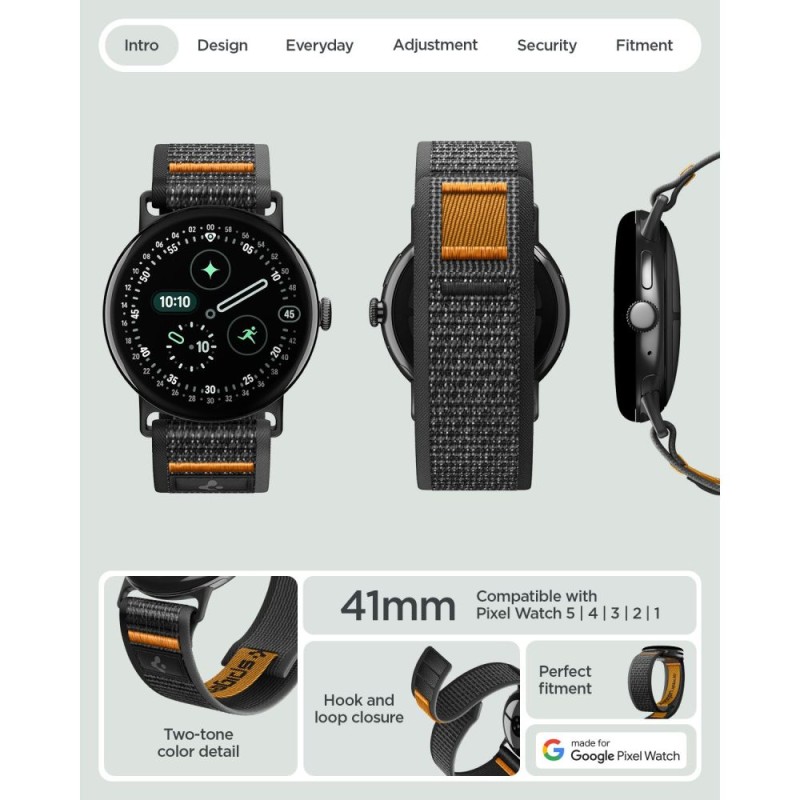 Spigen Athlex Air за Google Pixel Watch 1/2/3/4/5 (41 мм) ACTIVE BLACK/ORANGE (лента от тъкан найлон, QuickFit)