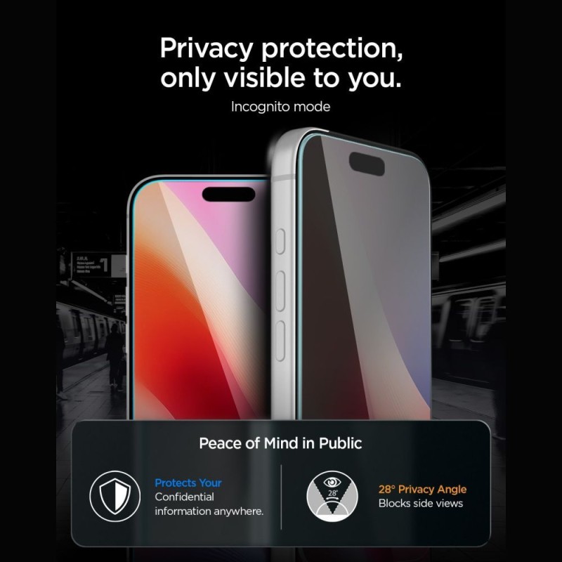 Spigen Glas.tR EZ Fit Pro HD Privacy – пълнозалепващо предпазно стъкло с поверителност за iPhone 18 Pro (2 бр.)