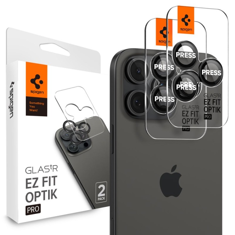 Spigen Optik Pro GLAS.TR „EZ FIT” – защитна стъклена протекция за камера 2 бр. за iPhone 14 Pro / Pro Max, iPhone 15 Pro / Pro Max, iPhone 16 Pro / Pro Max, iPhone 17 Pro / Pro Max (черна) - 8809811866407-AGL05205