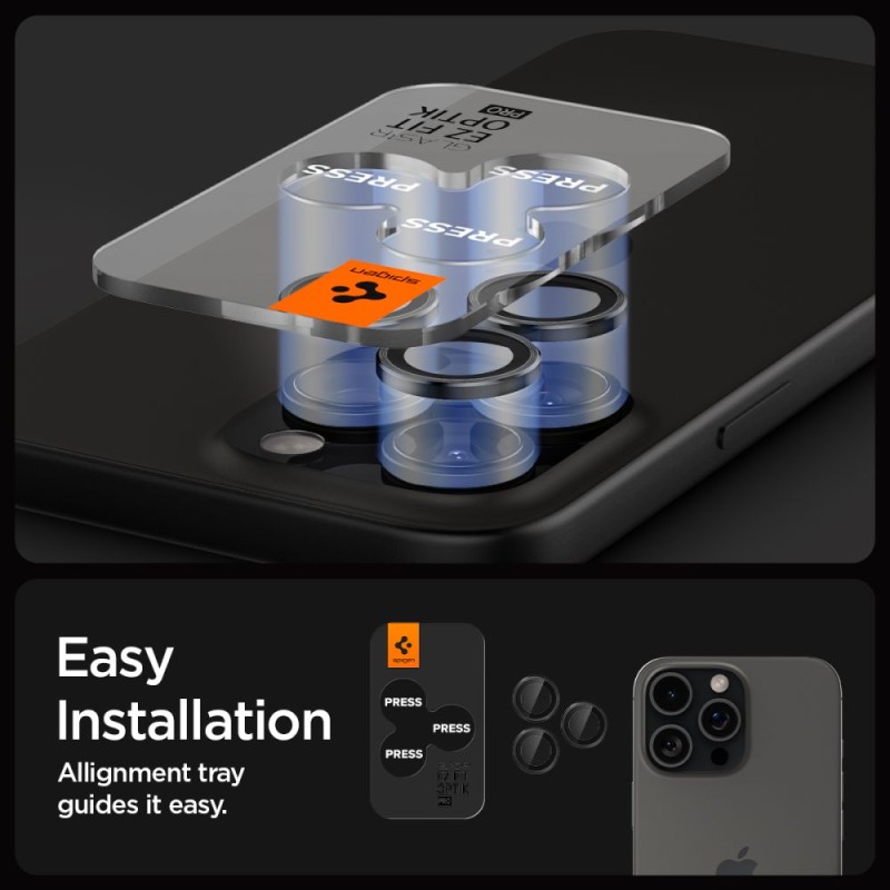 Spigen Optik Pro GLAS.TR „EZ FIT” – защитна стъклена протекция за камера 2 бр. за iPhone 14 Pro / Pro Max, iPhone 15 Pro / Pro Max, iPhone 16 Pro / Pro Max, iPhone 17 Pro / Pro Max (черна) - 8809811866407-AGL05205