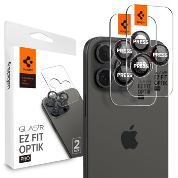 Spigen Optik Pro L-Series „EZ Fit” протектор за камери от закалено стъкло 9H (2 броя) за iPhone 14 Pro/Max, 15 Pro/Max, 16 Pro/16 Max, 17 Pro/17 Max – черен/червен