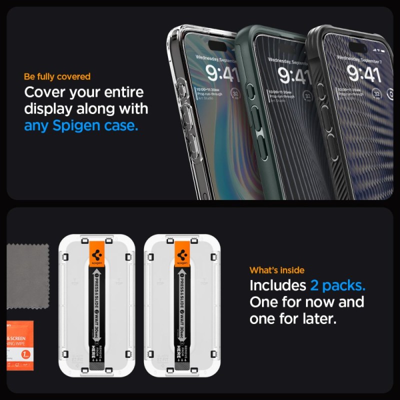 Spigen Glas.TR „EZ Fit” FC, закалено стъкло за iPhone 15 Pro (Black) – 2 броя