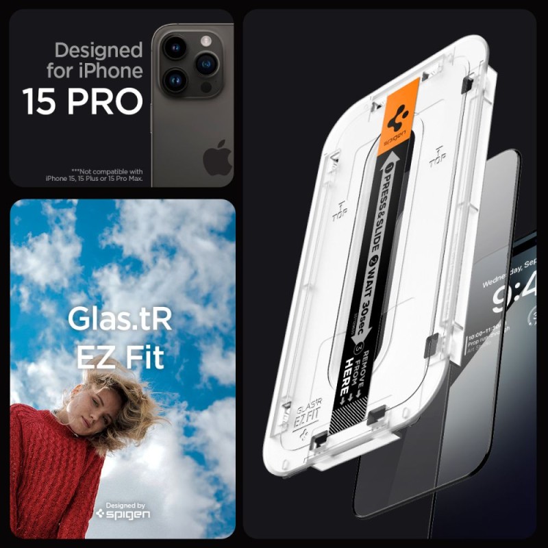 Spigen Glas.TR „EZ Fit” FC, закалено стъкло за iPhone 15 Pro (Black) – 2 броя