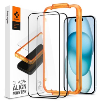 Spigen ALM Glass FC AlignMaster – закалено стъкло за iPhone 15 (2 броя), черно