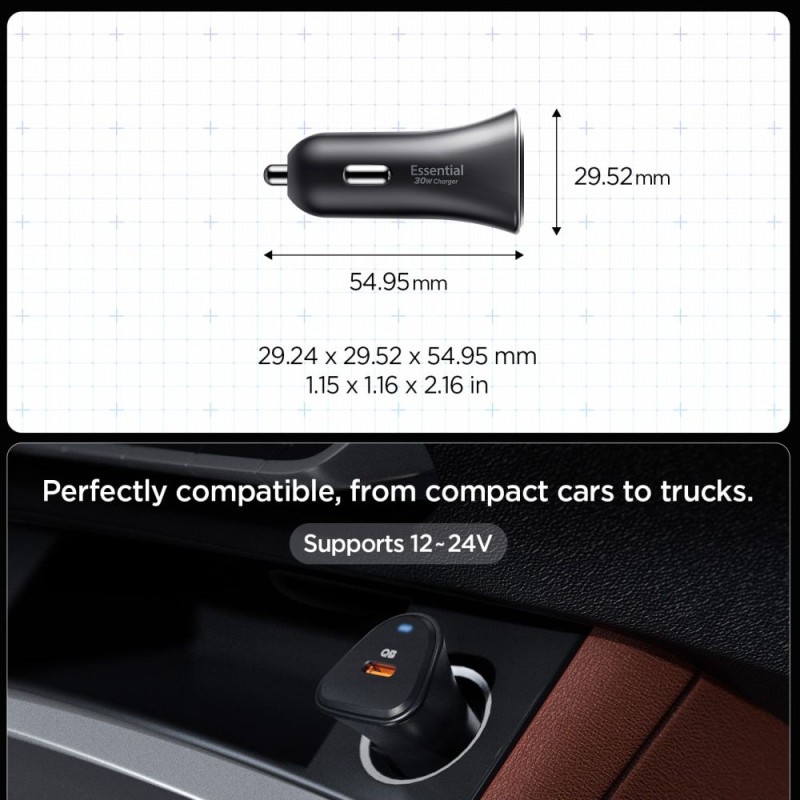SPIGEN ESSENTIAL EV301 1-порт USB зарядно за кола 30W, черно - 8809971235242-ACP08699