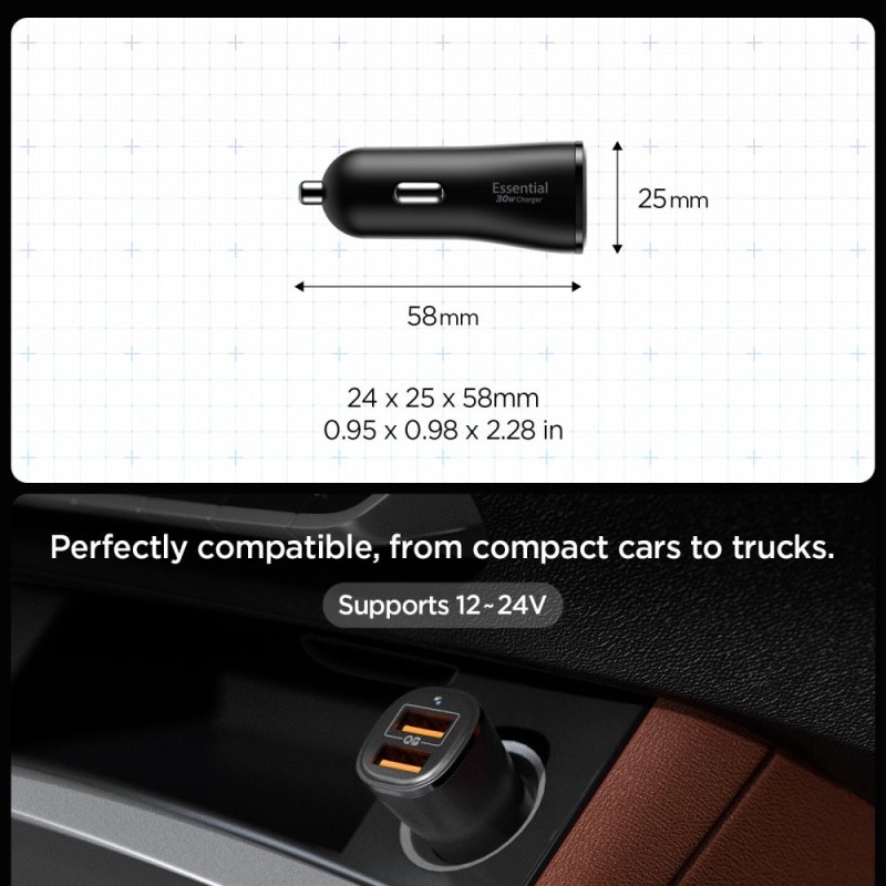Spigen Essential EV302 2-портово зарядно за кола 30W, черно - 8809971235259-ACP08700