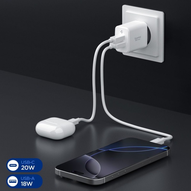 Spigen Essential EE202EU 2-порт мрежово зарядно GaN Pro 20W (бяло) - Spigen Essential EE202EU 2-порт мрежово зарядно GaN Pro 20W (бяло) - 8809971235297-ACH08704