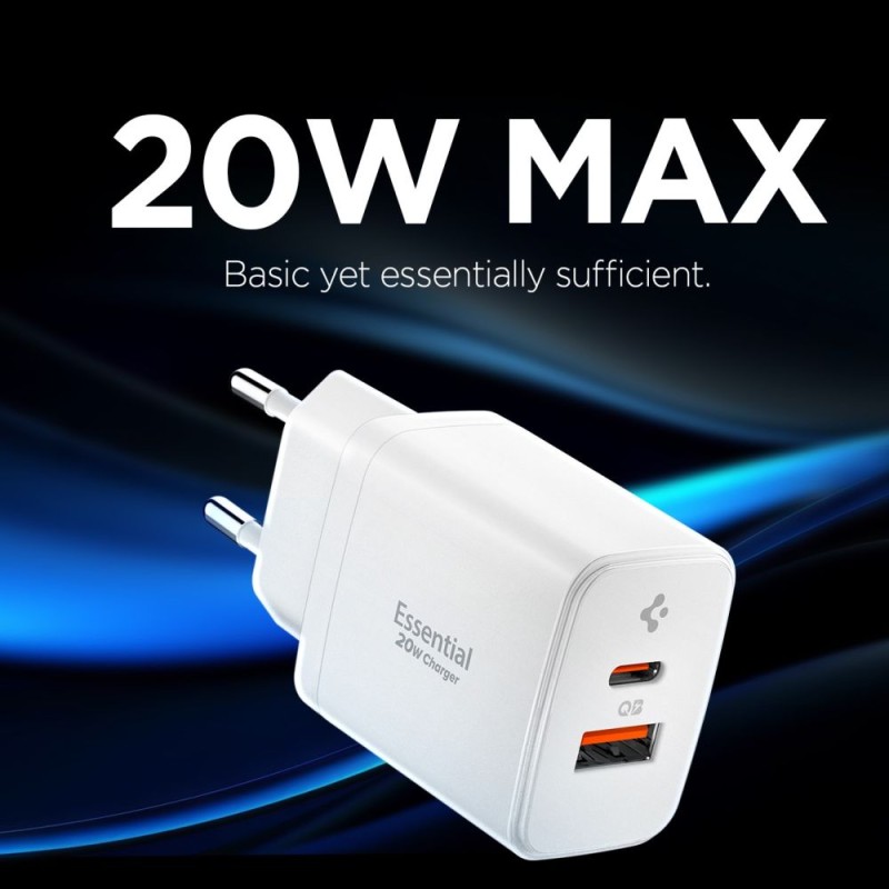 Spigen Essential EE202EU 2-порт мрежово зарядно GaN Pro 20W (бяло) - Spigen Essential EE202EU 2-порт мрежово зарядно GaN Pro 20W (бяло) - 8809971235297-ACH08704