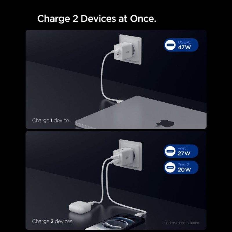 SPIGEN ESSENTIAL EE472EU 2-портов мрежов зарядeн адаптер GaN Pro 47W (бял) - 8809971235327-ACH08707