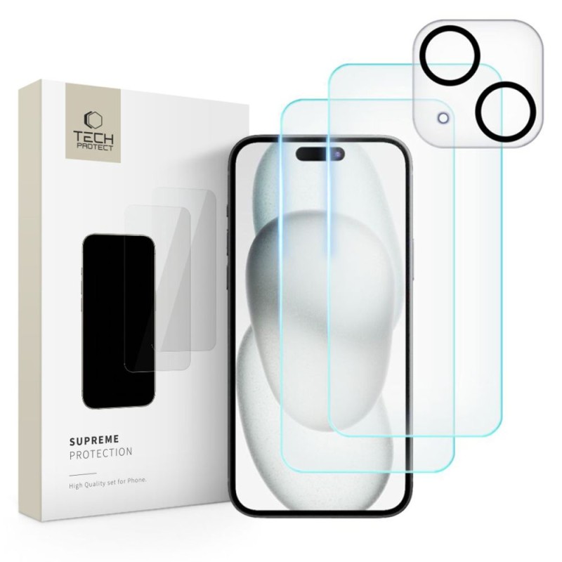 Tech-Protect Supreme комплект 3 броя закалени стъкла за iPhone 15 (прозрачни) - 9319456604696