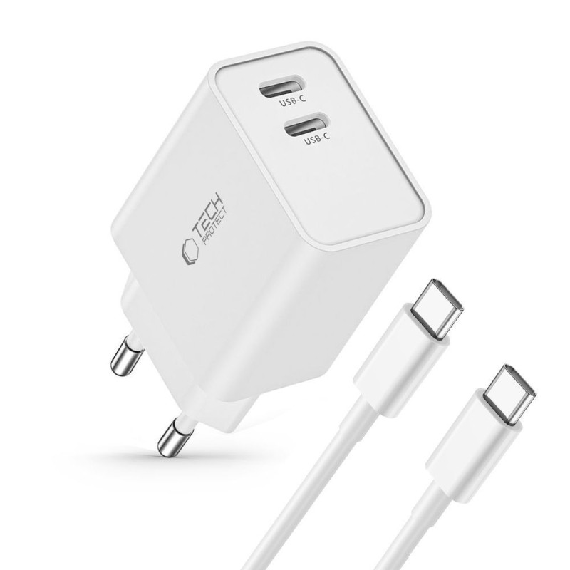 TECH-PROTECT C35W двупортово мрежово зарядно PD 35W + USB-C кабел 100 см (бяло) - TECH-PROTECT C35W двупортово мрежово зарядно PD 35W + USB-C кабел 100 см (бяло) - 9319456605570