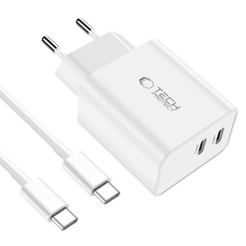 TECH-PROTECT C35W двупортово мрежово зарядно PD 35W + USB-C кабел 100 см (бяло) - TECH-PROTECT C35W двупортово мрежово зарядно PD 35W + USB-C кабел 100 см (бяло) - 9319456605570