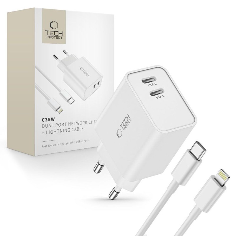 Tech-Protect C35W двупортово мрежово зарядно PD 35W + кабел Lightning (бял) - Tech-Protect C35W двупортово мрежово зарядно PD 35W + кабел Lightning (бял) - 9319456605587