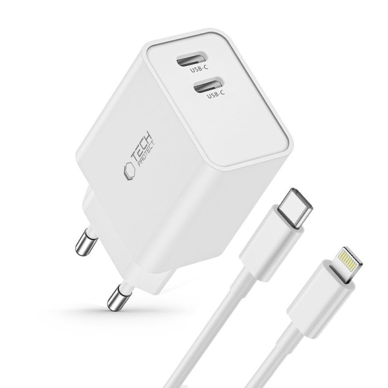 Tech-Protect C35W двупортово мрежово зарядно PD 35W + кабел Lightning (бял) - Tech-Protect C35W двупортово мрежово зарядно PD 35W + кабел Lightning (бял) - 9319456605587