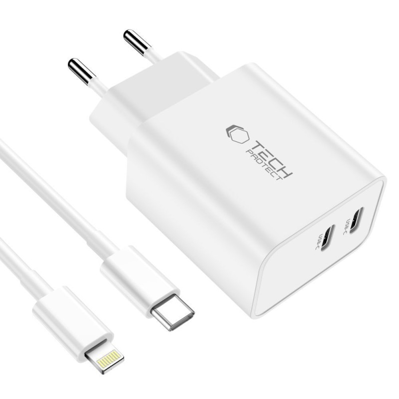 Tech-Protect C35W двупортово мрежово зарядно PD 35W + кабел Lightning (бял) - Tech-Protect C35W двупортово мрежово зарядно PD 35W + кабел Lightning (бял) - 9319456605587