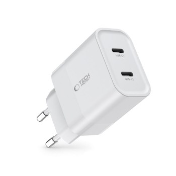 TECH-PROTECT C20W двупортово мрежово зарядно PD 20W (2×порт USB-C), бяло