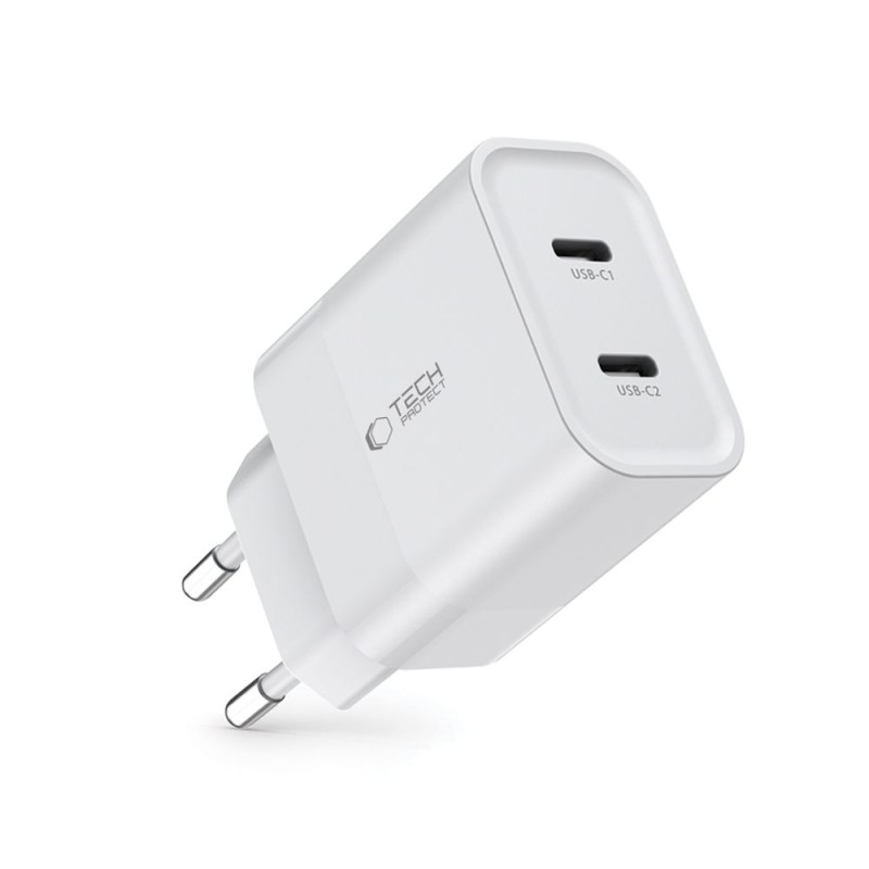TECH-PROTECT C20W двупортово мрежово зарядно PD 20W (2×порт USB-C), бяло - TECH-PROTECT C20W двупортово мрежово зарядно PD 20W (2×порт USB-C), бяло - 9319456607093