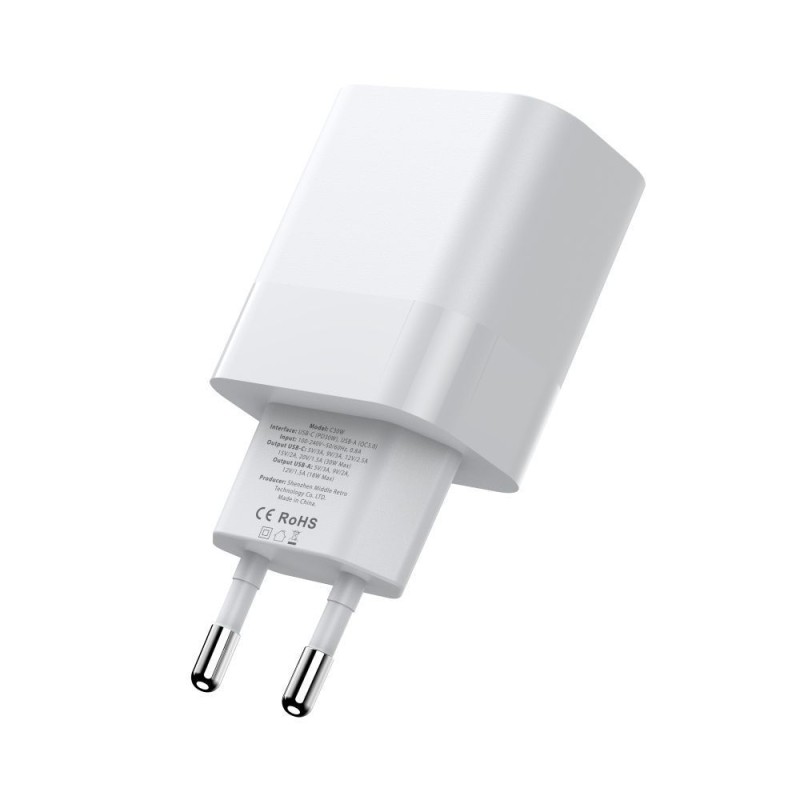 TECH-PROTECT C20W двупортово мрежово зарядно PD 20W (2×порт USB-C), бяло - TECH-PROTECT C20W двупортово мрежово зарядно PD 20W (2×порт USB-C), бяло - 9319456607093