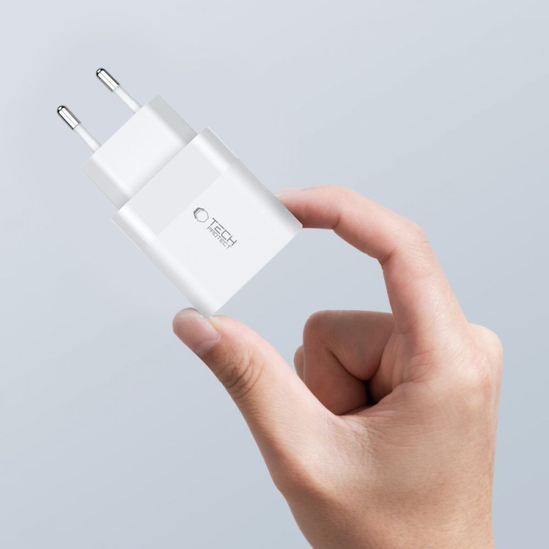 TECH-PROTECT C20W двупортово мрежово зарядно PD 20W (2×порт USB-C), бяло - TECH-PROTECT C20W двупортово мрежово зарядно PD 20W (2×порт USB-C), бяло - 9319456607093