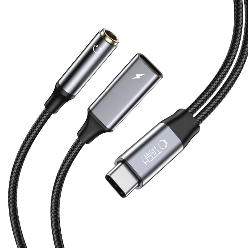 Tech-Protect UltraBoost адаптер PD60W/6A USB-C към Mini Jack 3.5 мм & USB-C (черен) - Tech-Protect UltraBoost адаптер PD60W/6A USB-C към Mini Jack 3.5 мм & USB-C (черен) - 9319456607383