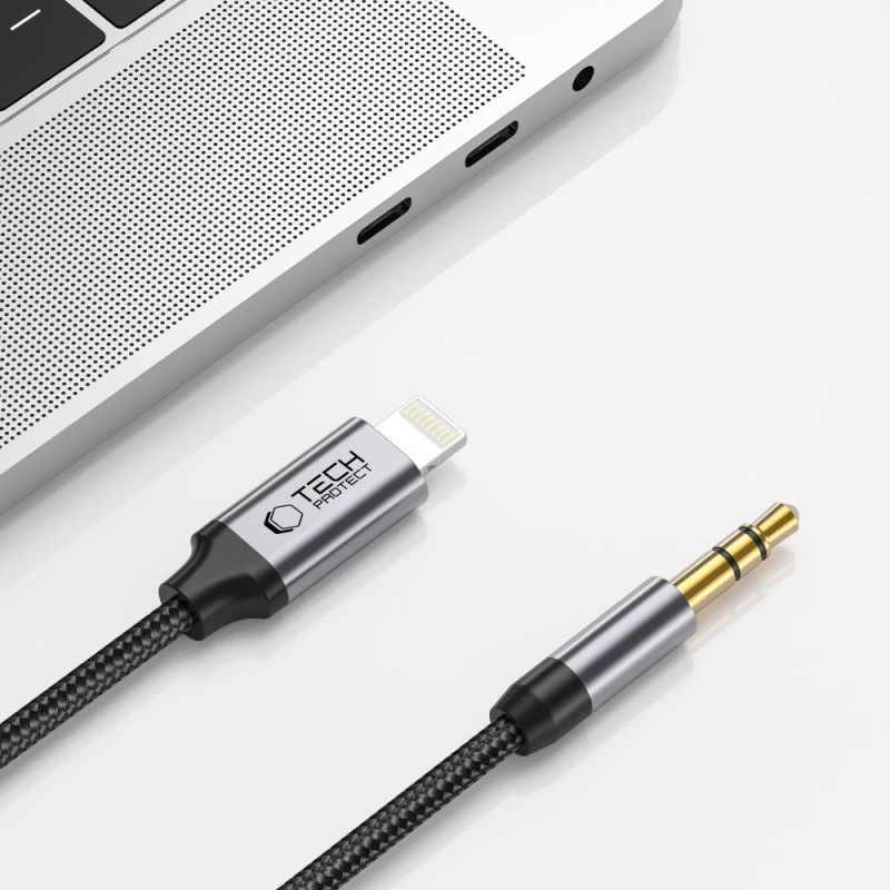 TECH-PROTECT ULTRABOOST кабел Lightning към AUX mini Jack 3.5 мм, 100 см, черен - 9490713929087