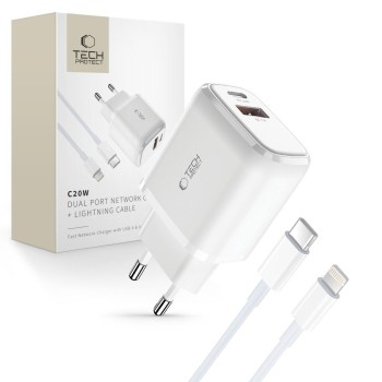 TECH-PROTECT C20W двупортово мрежово зарядно PD 20W + кабел Lightning (100 см), бяло