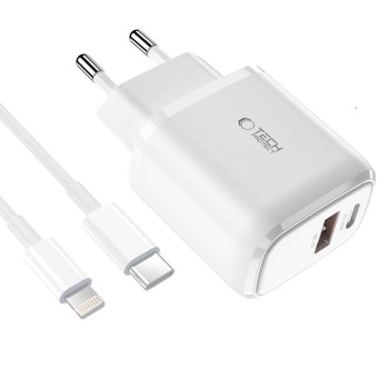 TECH-PROTECT C20W двупортово мрежово зарядно PD 20W + кабел Lightning (100 см), бяло