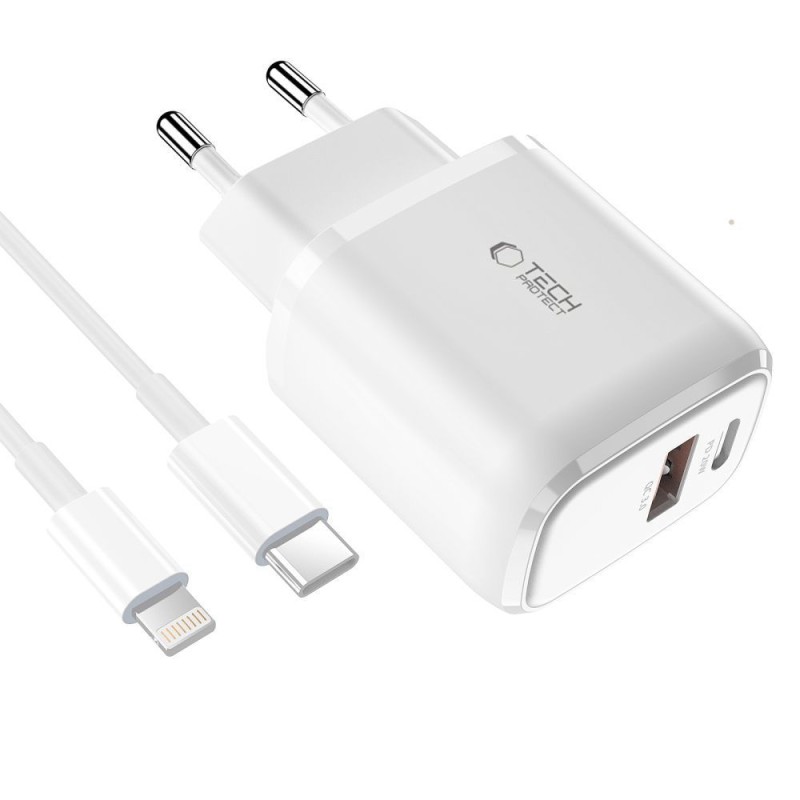 TECH-PROTECT C20W двупортово мрежово зарядно PD 20W + кабел Lightning (100 см), бяло - TECH-PROTECT C20W двупортово мрежово зарядно PD 20W + кабел Lightning (100 см), бяло - 9490713929124