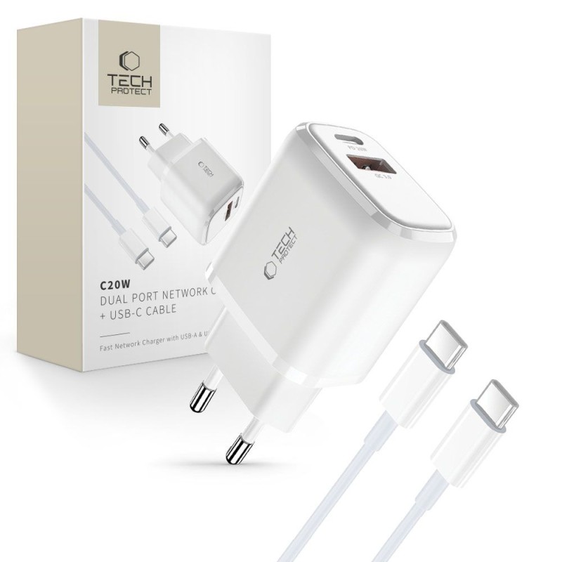 Tech-Protect C20W 2-портово мрежово зарядно PD 20W / QC3.0 + USB Type-C кабел 100 см, бяло - Tech-Protect C20W 2-портово мрежово зарядно PD 20W / QC3.0 + USB Type-C кабел 100 см, бяло - 9490713930373